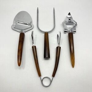 Vtg 4 Barware Utensils Marbled Faux Horn Bottle Opener Cheese Slicer Tongs Fork‎